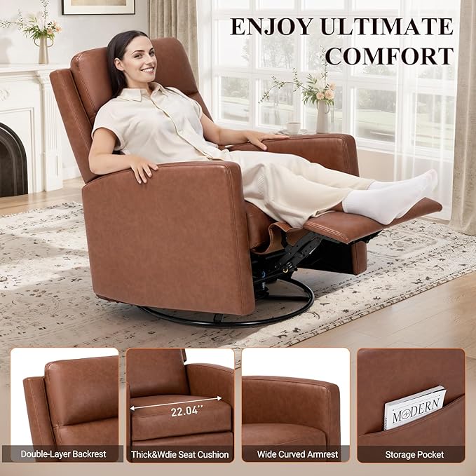 COLAMY Recliner Chair Set of 2, PU Leather 360° Swivel Rocker Recliner, Nursery Glider Recliner with Ergonomic High Backrest and Upholstered Deep Seat for Living Room, Bedroom, Color Cocoa