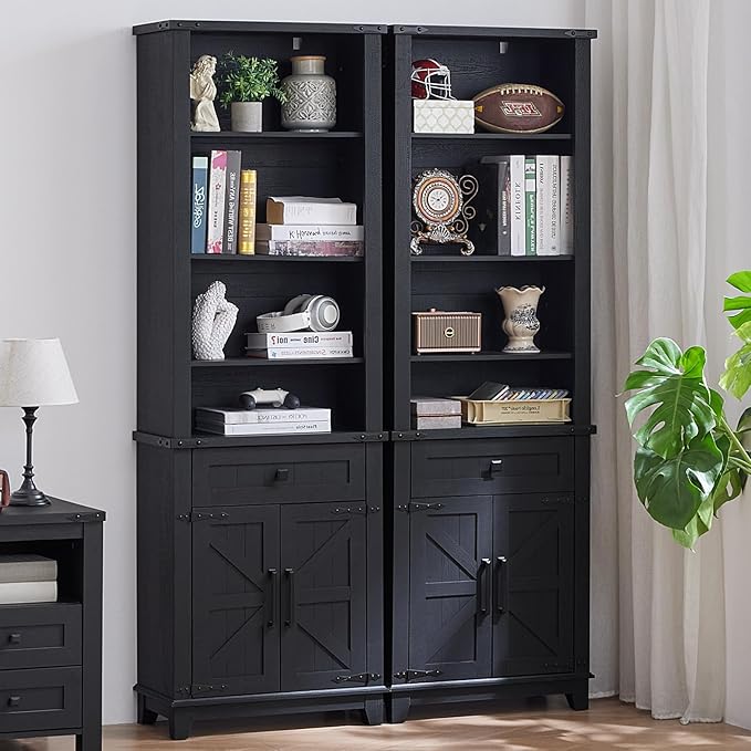 72in Tall Bookshelf 7 Tier Bookcase with Drawer and Barn Doors and Adjustable Shelves, Black Farmhouse Book Shelf with Storage Cabinet, Wood Freestanding Display Bookshelves for Kitchen (3PCS)