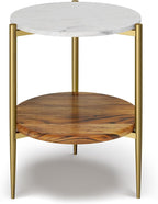 SIMPLIHOME Wagner SOLID ACACIA WOOD 18 inch Wide Round Mid Century Marble & Wood Side Table in White/Natural for the Living Room and Bedroom