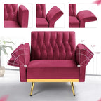 Velvet Accent Chair with Adjustable Armrests and Backrest, Button Tufted Lounge Chair, Single Recliner Armchair with Ottoman and Pillow for Living Room, Bedroom, Fuchsia