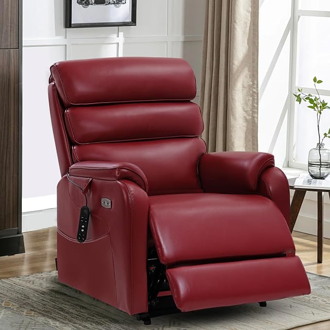 EONIX Wide Lay Flat Power Lift Recliner Chair for Elderly, Heavy Duty Oversized Breathable Faux Leather Lift Chairs Recliner Sofa with Heat and Massage and Charging Ports, Burgundy