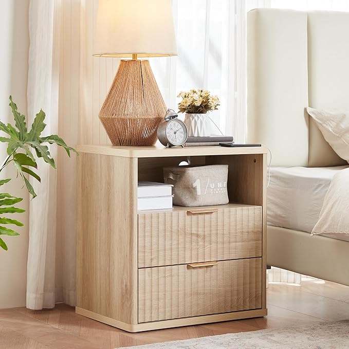 LEYAOYAO Fluted Farmhouse Nightstand Set of 2 with Charging Station, 23" Wide 2 Drawers End Table,Natural Dresser for Bedroom,Bed Side Table Chest of Drawers Cabinet,Wood Night Stand for Living Room