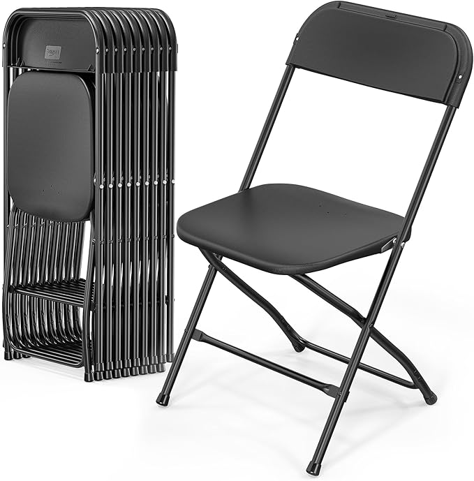 VINGLI 10 Pack Black Plastic Folding Chair, Indoor Outdoor Portable Stackable Commercial Seat with Steel Frame 350lb. Capacity for Events Office Wedding Party Picnic Kitchen Dining