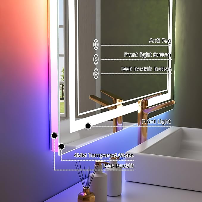 24x28 inch LED Bathroom Mirror with RGB Lights Color Changing Backlit Mirror Shatterproof Dimmable Anti-Fog Lighted Vanity Mirror (RGB Multicolor Backlit + Adjustable Front-Lighted)