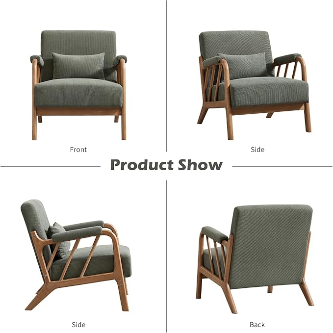 Mid Century Modern Accent Chair with Solid Wood Frame, Upholstered Living Room Chairs with Lumbar Cushion Padded Arms, Reading Armchair for Bedroom Set of 2, Green