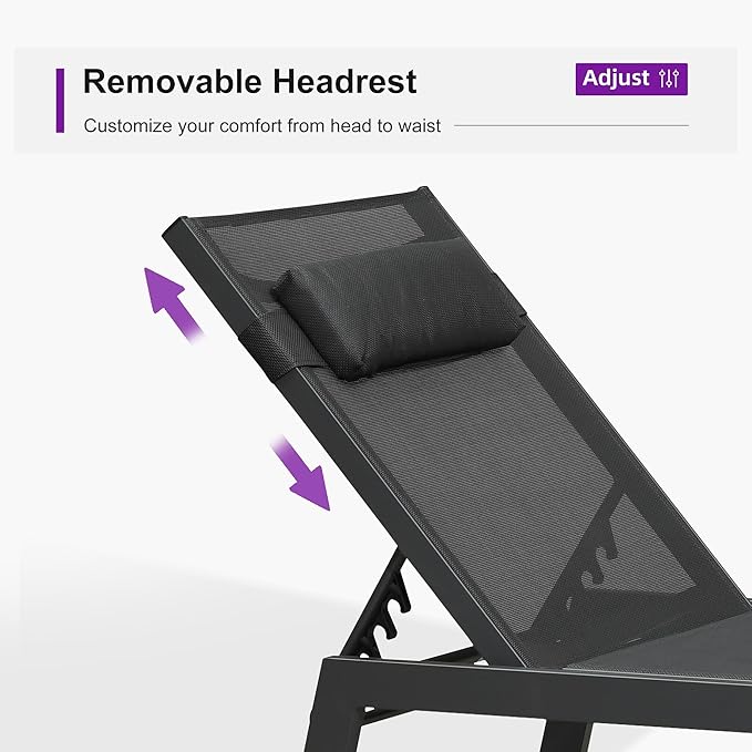 PURPLE LEAF Outdoor Lounge Chair Set of 3 Patio Chaise Pool Lounger Aluminum Frame with Side Table and Wheels for Outside Sunbathing Tanning Recliner Including Pillows Gray