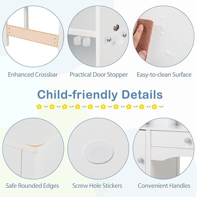 Costzon Kids Desk and Chair Set, Wooden Children Study Desk w/Hutch, Large Cabinet and Drawer for Home School Writing, Reading & Drawing, Computer Workstation Student Table and Chair for 3+ (White)