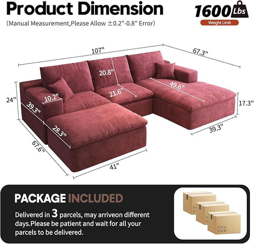 107'' U-Shaped Modern Modular Sectional Cloud Couch Whit Ottoman, 4-Seat Chenille Deep-Seat Sofa with Pillow for Living Room, Bedroom, Apartment, Wine Red