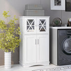 Tangkula Freestanding Floor Cabinet w/2 Glass Doors, 3-Level Adjustable Shelves, Anti-toppling, Kitchen Pantry Cupboard for Bathroom & Living Room (White)