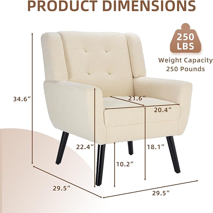 Dolonm Midcentury Modern Teddy Accent Chair with Arms, Upholstered Reading Side Chair Tufted Back Decorative Wingback Chair for Living Room Bedroom (White)