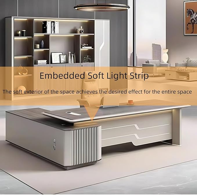 86IN Executive Office Desk - Large Office Desk L Shaped Computer Desk with 2 Drawers & Grille Design | Thickened Countertop & Large Capacity Side Cabinet Storage & Metal Cabinet Handle