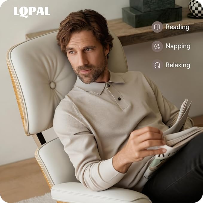 Top White Grain Leather, Mid Century Chaise Lounge Chair and Ottoman, Modern Chair Classic Design, Walnut Wood, Heavy Duty Base Support for Living Room Office