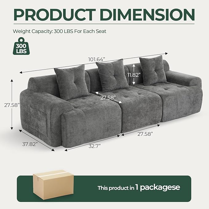 101.65” Modular Sectional Couch for Living Room, 3-Seater Cloud Sofa with Deep Seat, Woven Texture Upholstery Boneless Couch, No Assembly, Grey