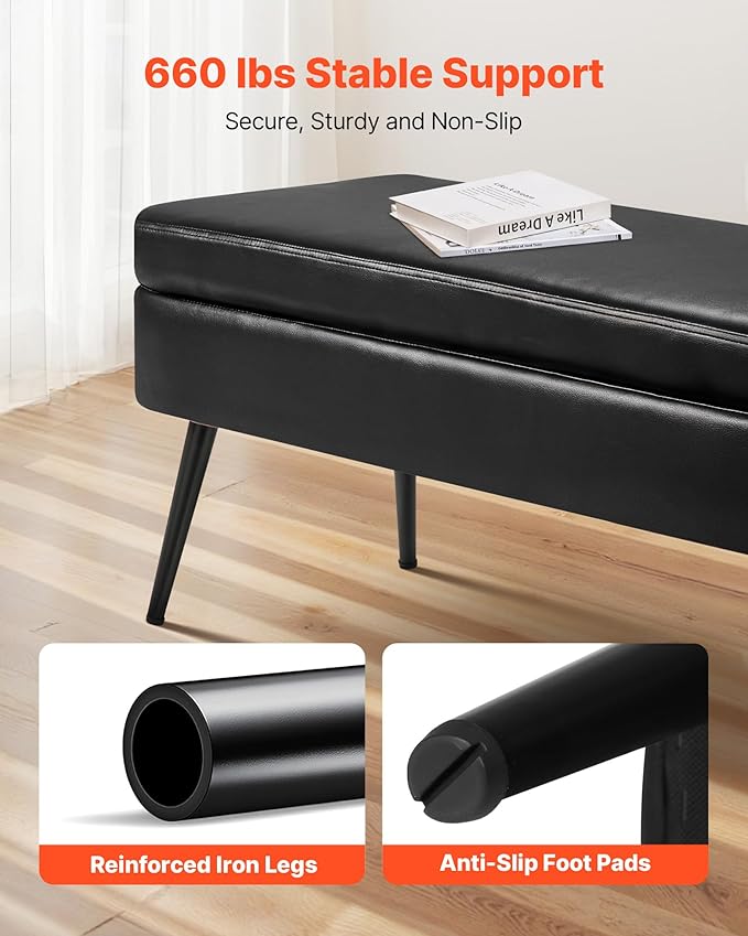 VEVOR Leather Storage Ottoman Bench, PU Leather Bench with Storage and Metal Legs, Modern Shoe Benches Seat for Entryway, Upholstered End of Bed Benches for Living Room, Dining Room, Hallway, Black