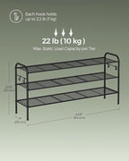 SONGMICS Shoe Rack, 3-Tier Shoe Organizer, Metal Shoe Shelf Storage with 4 Side Hooks, Holds 18 Pairs of Shoes, Height-Adjustable Shoe Rack for Entryway, Hallway, Closet, Easy Assembly, Ink Black