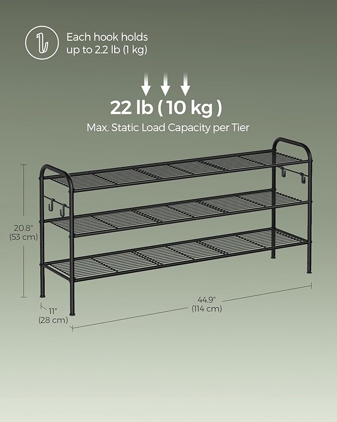 SONGMICS Shoe Rack, 3-Tier Shoe Organizer, Metal Shoe Shelf Storage with 4 Side Hooks, Holds 18 Pairs of Shoes, Height-Adjustable Shoe Rack for Entryway, Hallway, Closet, Easy Assembly, Ink Black