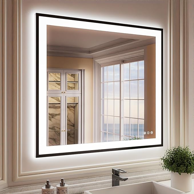 ISKM Framed LED Mirror for Bathroom 40"x38", Dimmable LED Bathroom Mirror with Lights, Anti-Fog, Front and Backlit Lighted Mirror 3-Colors, Shatterproof, Memory Function