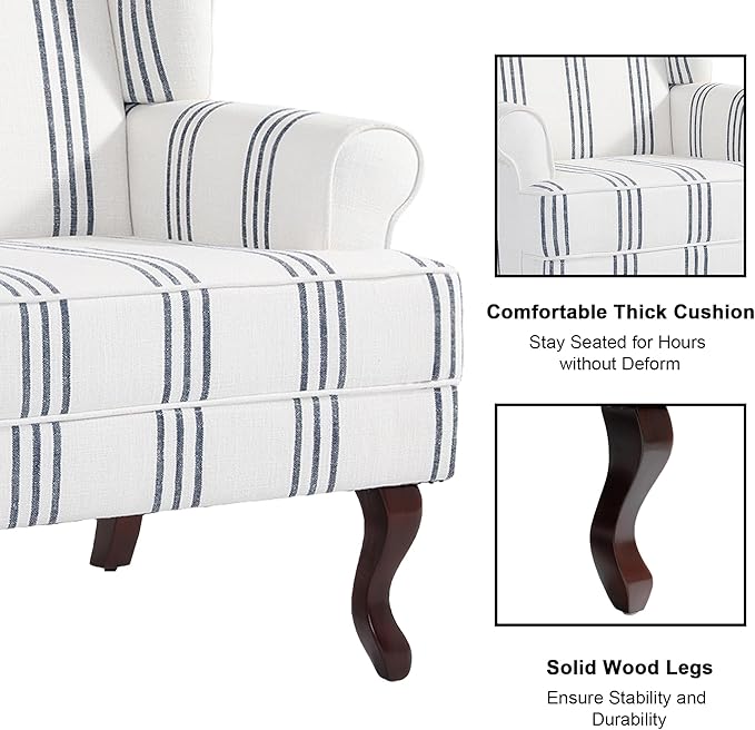 Accent Chair, High Back Upholstered Armchair with High Resilience Sponge & Wood Legs, Mid-Century Modern Comfy Single Sofa Reading Chairs for Living Room, Bedroom - Stripe Navy, Set of 1