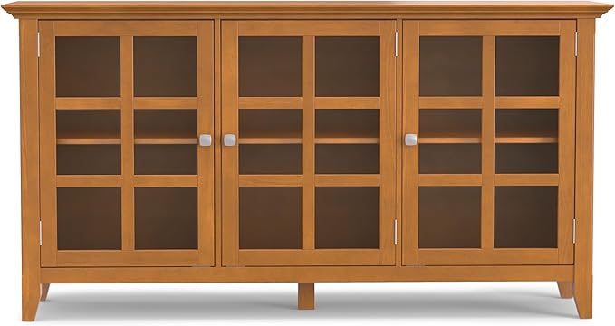 SIMPLIHOME Acadian SOLID WOOD 62 inch Wide Transitional Wide Storage Cabinet in Light Golden Brown for the Living Room, Entryway and Family Room