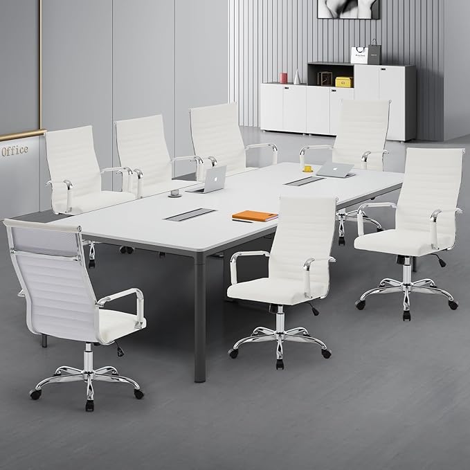 Conference Room Chairs, Ergonomic Executive Office Chair, Ribbed Leather Desk Chair with Lumbar Support, Adjustable Height Mid-Back Swivel Chair with Padded Seat