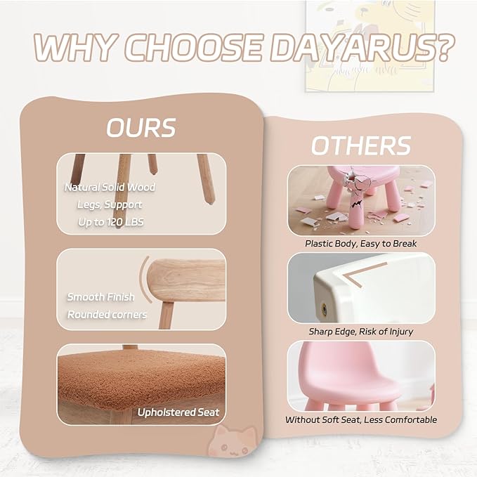 DAYAURS Toddler Chair Wooden Kid Chairs Comfy Armless Reading Chair for Kids Bedroom, Boys Girls Desk Chairs for Ages 2-5, Solid Wooden Stool Kids Furniture for Playroom/Preschool/Daycare/Gifts, Brown