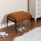 LukeAlon Upholstered PU Leather Footstool, Modern Ottoman Footrest Small Shoe Stool with Black Metal Legs Mid Century Vanity Stool with Armrests for Living Room Entrance Cushion Removable, Brown