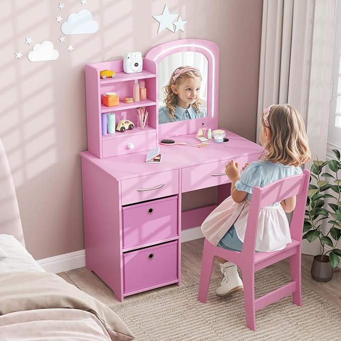 GLACER Kids Vanity Table and Chair Set, Princess Makeup Vanity Desk with 5 Drawers, Open Shelves, Mirror, 2-Color LED Lights, Wooden Toddler Vanity, Pretend Play Vanity Set for Little Girls (Pink)
