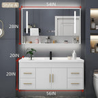 56IN Modern Bathroom Vanity - LED Intelligent Mirror Cabinet Includes Time Display & Defogging | Bathroom Cabinet with Sink & Open Storage Compartments, Ceramic Washbasin, 4 Drawers (Style A)
