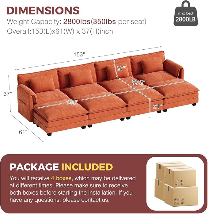 ELUCHANG Oversized 153" Modular Sectional Sofa, Comfy Deep Seat Cloud Couch, Sleeper Sofa Bed, 8 Seat Modern Couch with Removable Cover for Living Room, Apartment, DIY Combination, Chenille Terracotta