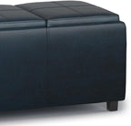 SIMPLIHOME Avalon 42 inch Wide Contemporary Rectangle Storage Ottoman in Distressed Dark Blue Vegan Faux Leather, Assembled, for the Living Room, Entryway and Family Room