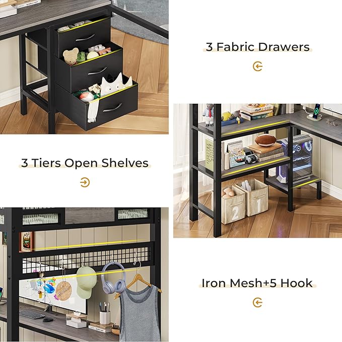 ADORNEVE Loft Bed Twin Size with L-Shaped Desk, LED Lights,Charging Station, Twin Metal Loft Bed Frame with Fabric Drawers & Shelve, 13.4" H Safety Guardrail, No Box Spring Needed, Grey