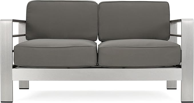 Christopher Knight Home Cape Coral Outdoor Aluminum Chat Set with Fire Table, Khaki / Light Grey