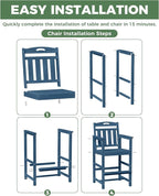 HDPE Outdoor Patio Tall Bar Chair, All-Weather Bar Height Balcony Adirondack Stools for Bistro, Garden, Backyard, Deck | Navy Blue