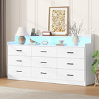 Bigbiglife 9 Drawer Dresser with Built in Power Outlet and LED Light, Modern Chest of Drawers for Bedroom, Triple Wide Drawer Organizer Cabinet for Living Room, Entryway, Hallway, Antique White