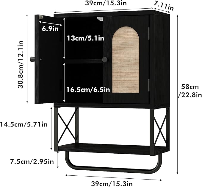 RUSTOWN Rattan Bathroom Wall Cabinet, Boho Over The Toilet Storage Cabinet with Arched Rattan Doors, Modern Medicine Cabinet with Adjustable Shelves & Towel Bar (Black, Small)