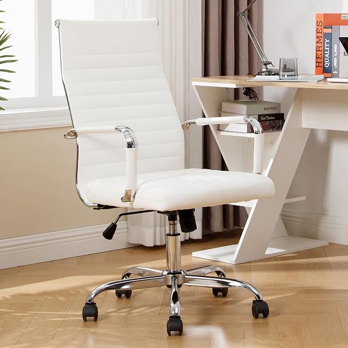 Conference Room Chairs, Ergonomic Executive Office Chair, Ribbed Leather Desk Chair with Lumbar Support, Adjustable Height Mid-Back Swivel Chair with Padded Seat