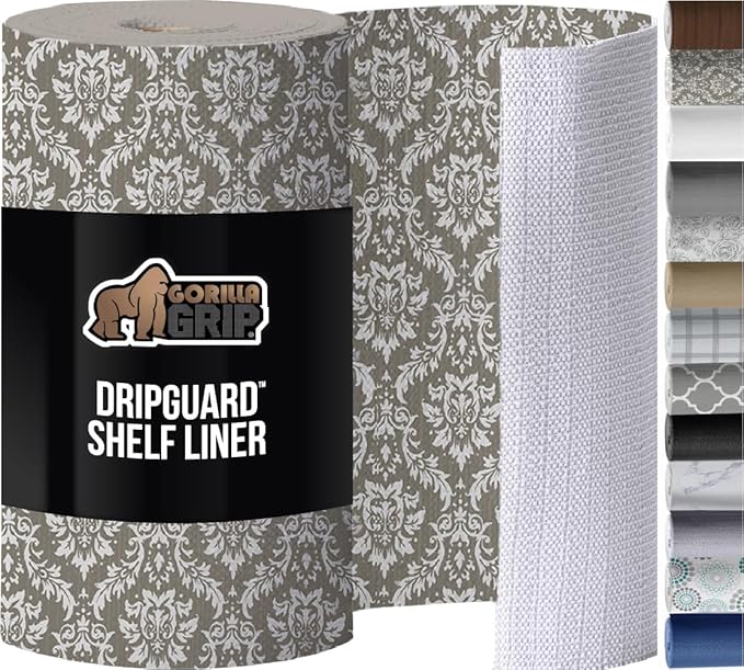 GORILLA GRIP DripGuard Shelf Liner, Non Adhesive Drawer and Kitchen Cabinet Protector, 20x240 Inch, Slip Resistant BPA Free Smooth Surface Plastic Liners for Cabinets, Bathrooms, Closets, Beige Cream