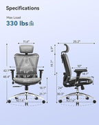 SIHOO M57 Ergonomic Office Chair with 3 Way Armrests Lumbar Support and Adjustable Headrest High Back Tilt Function Grey