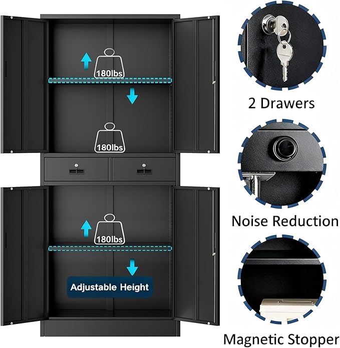 BESFUR Metal Cabinet, Garage Storage Cabinet with Drawers and Adjustable Shelves for Garage, Office, Classroom- Black