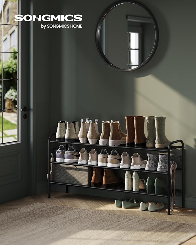 SONGMICS Shoe Rack, 3-Tier Shoe Organizer, Metal Shoe Shelf Storage with 4 Side Hooks, Holds 18 Pairs of Shoes, Height-Adjustable Shoe Rack for Entryway, Hallway, Closet, Easy Assembly, Ink Black