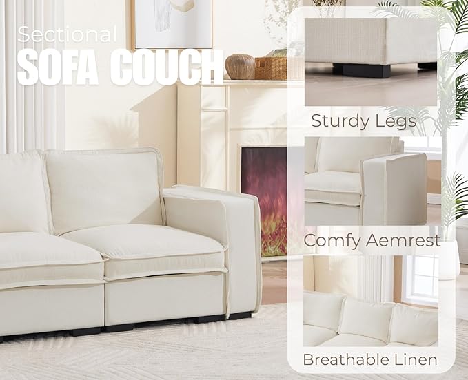 EALSON 119" Modular Sectional Sofa Modern Comfy 4-Seater Couch Sofa Linen Fabric Upholstered Cloud Couches with 24" Deep Seat and Wooden Legs for Bedroom/Living Room/Office, White