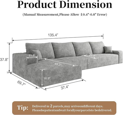 135.4'' Oversized Cloud Sofa Sectional Couch, Boneless Couch with L-Shape Chaise, Upholstered Compression Modular Sectional Sofa for Living Room, No Assembly Required (Grey, Left Facing Chaise)