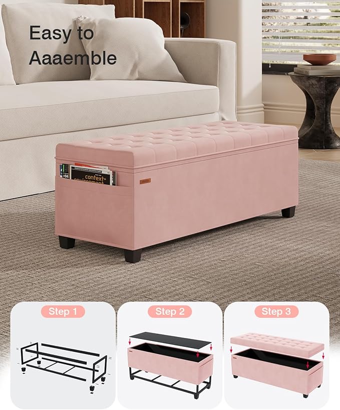Velvet Storage Ottoman Bench, End of Bed Bench with Legs, Large Entryway Bench, Foot Rest Stool, Tea Table for Bedroom, Living Room, Loads 770 lb, 15.7"L x 43"W x 15.7"H, Jelly Pink, UASND62P
