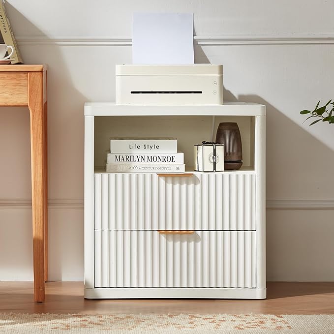 LEYAOYAO Fluted Farmhouse Nightstand Set of 2 with Charging Station, 23" Wide 2 Drawers End Table,White Dresser for Bedroom,Bed Side Table Chest of Drawers Cabinet,Wood Night Stand for Living Room