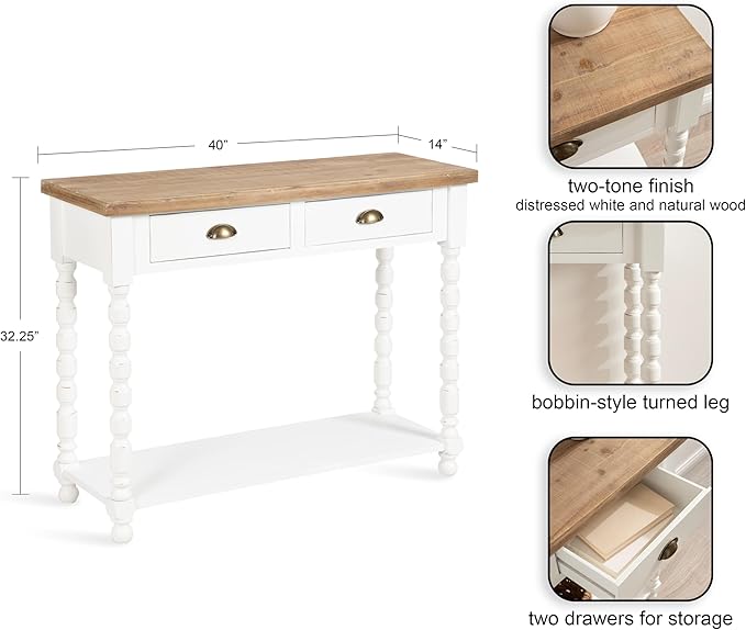Kate and Laurel Rutledge Coastal Wooden Console Table with Shelf; 40 x 14 x 33; Hazelnut and White; Traditional Wood Entryway Table with Drawers and Decorative Turned Legs for Entry Storage Options
