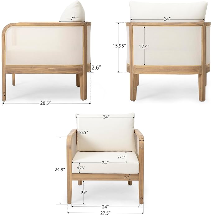 Christopher Knight Home Linksy Outdoor Club Chair, Patio Arm Chair, Modern Single Sofa Chair, Acacia Wood Frame, Club Chair with Cushions, Deep Seating for Porch, Garden, Backyard, Balcony, Beige
