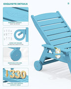 SERWALL Patio Chaise Lounge Chair, 78'' Long HDPE 5 Positions Adjustable Outdoor Lounger, Poly Lounge Chair with Rolling Wheels & Cup Holder for Pool, Light Blue