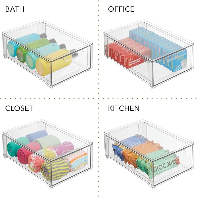 mDesign Plastic Stackable Bathroom Storage Organizer Bin with Pull Out Drawer for Cabinet, Vanity, Shelf, Cupboard, Cabinet, or Closet Organization - Lumiere Collection - 4 Pack - Clear