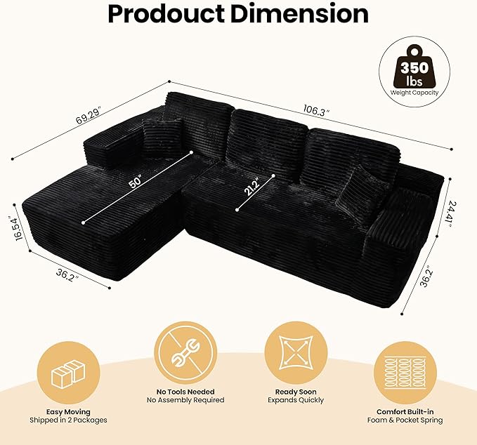 104" Cloud Sectional Couch with Chaise, Boneless L-Shaped Cloud Couch with Deep Seat, Soft Plush Modern Minimalist Sofa, Assembly Free Comfy Sofa for Office Living Room Apartment(Black, Left Chaise)