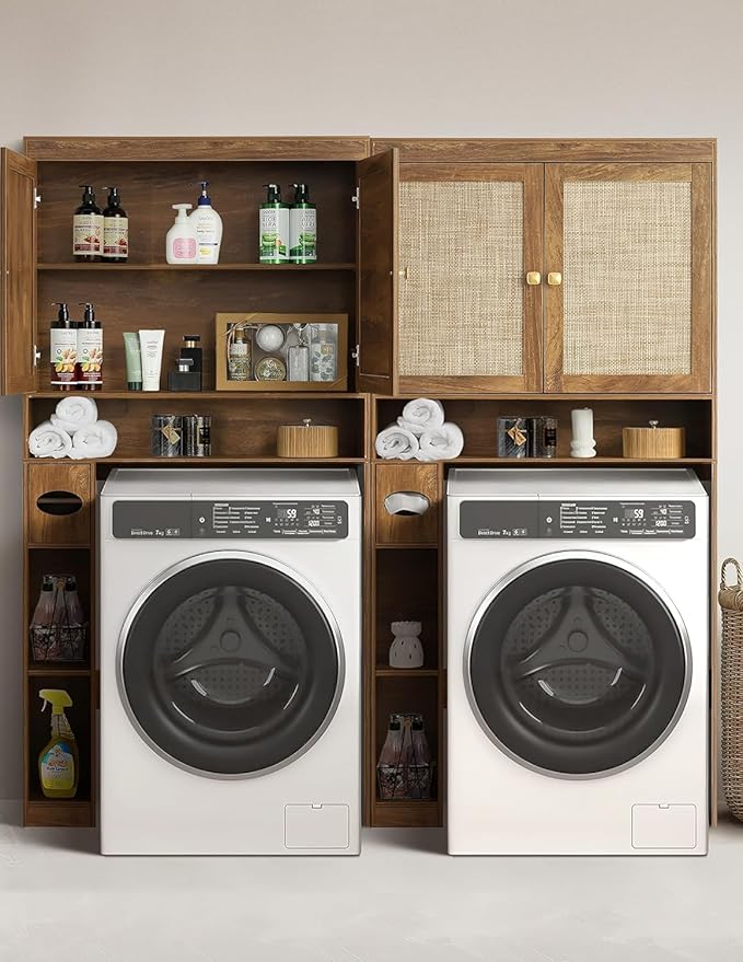 Over The Toilet Storage Cabinet, Over Toilet Bathroom Organizer with Double Doors and Adjustable Shelf, Freestanding Home Space Save Toilet Rack (Rustic Brown, Double Doors)